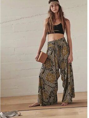 Free People seven stars printed pants; Bohemian Wide-Leg Pants in Black and Gold
